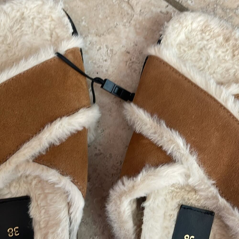 ZARA Faux Fur Lined Leather Slide Sandals - Picture 13 of 16